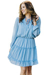 Light Blue V Neck Long Sleeve Ruffle Tiered Mini Dress-Dresses-MomFashion