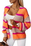 Orange Striped Colorblock Drop Shoulder Slouchy Cardigan-Tops-MomFashion