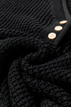 Black Pointelle Knit Button V Neck Drop Shoulder Sweater-Tops-MomFashion