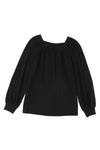 Black Scoop Neck Puff Sleeve Waffle Knit Top-Tops-MomFashion