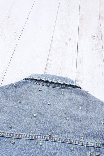 Mist Blue Rhinestones Studded Denim Jacket-Outerwear-MomFashion