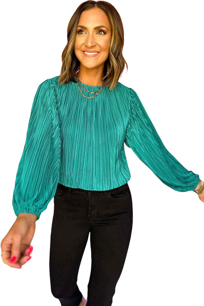 Sea Green Pleated Luster Long Sleeve Top-Tops-MomFashion