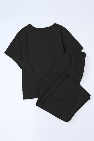 Black Textured Loose Fit T Shirt and Drawstring Pants Set-Loungewear-MomFashion