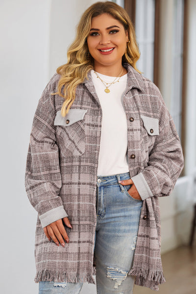 Pink Plus Size Macrame Plaid Coat-Plus Size-MomFashion