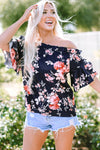 Blue Ruffle Off Shoulder Flounce Sleeve Floral Blouse-Tops-MomFashion