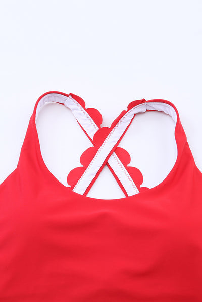 Red Scalloped Criss Cross High Waist Bikini-Swimwear-MomFashion