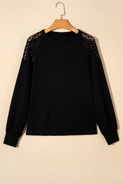 Black Lace Long Sleeve Textured Pullover-Tops-MomFashion