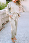 Beige Long Sleeve Top and Drawstring Pants Lounge Outfit-Loungewear-MomFashion