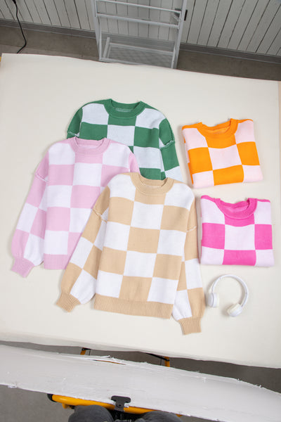 Orange Checkered Bishop Sleeve Sweater-Tops-MomFashion