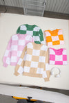 Pink Checkered Bishop Sleeve Sweater-Tops-MomFashion