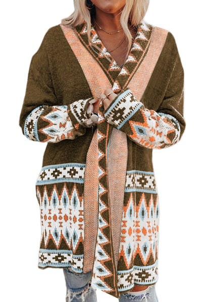 Brown Aztec Print Open Front Knitted Cardigan-Tops-MomFashion