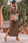 Leopard Round Neck Long Sleeve Split Dress-Dresses-MomFashion