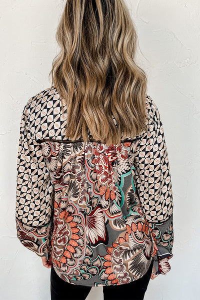 Black Mixed Floral Geometric Print Ruffled Long Sleeve Blouse-Tops-MomFashion