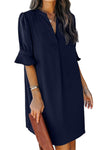 Blue Ruffled Sleeve Shift Dress-Dresses-MomFashion