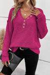 Rose Red Pointelle Knit Button V Neck Drop Shoulder Sweater-Tops-MomFashion