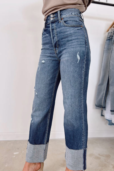 Blue High Waist Distressed Straight Leg Jeans-Bottoms-MomFashion