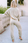 Beige Long Sleeve Top and Drawstring Pants Lounge Outfit-Loungewear-MomFashion