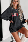 Black Sequin LOVE Chenille Embroidered Graphic Corded Sweatshirt-Graphic-MomFashion