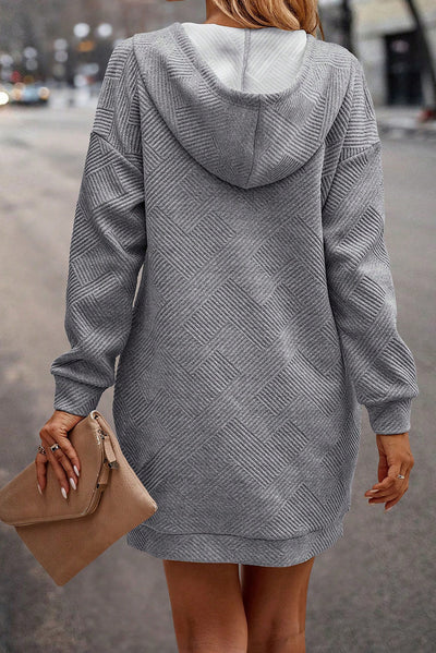 Gray Textured Kangaroo Pocket Drawstring Hooded Mini Dress-Dresses-MomFashion