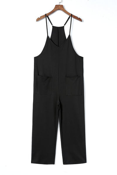 Black Pocketed Adjustable Spaghetti Strap Straight Leg Jumpsuit-Bottoms-MomFashion