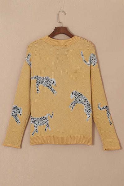 Camel Fuzzy Cheetah Accent Round Neck Sweater-Tops-MomFashion