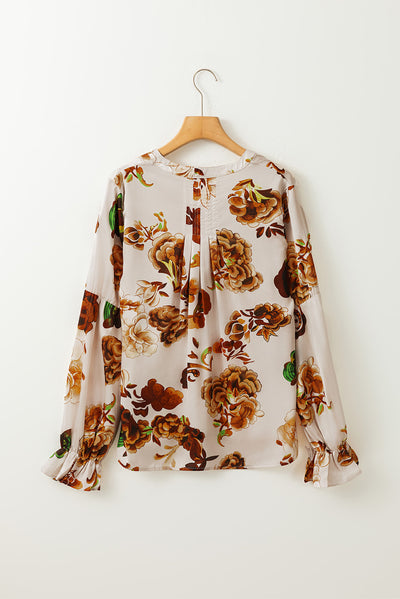 Apricot Gorgeous Floral Split Neck Flounce Sleeve Blouse-Tops-MomFashion