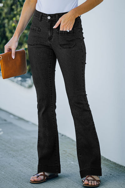 Black Vintage Casual Pocket Flared Jeans-Bottoms-MomFashion