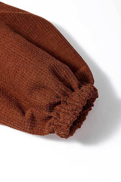 Coffee Textured Corduroy Puff Sleeve Shacket-Outerwear-MomFashion