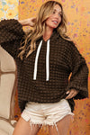 Dark Brown Bubble Textured Waffle Hoodie-Tops-MomFashion