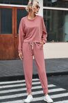 Pink Solid Sport Boxy Fit Pullover & Pants Outfit-Loungewear-MomFashion