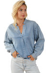 Sky Blue Split V-Neck Balloon Sleeve Ruched Denim Top-Tops-MomFashion