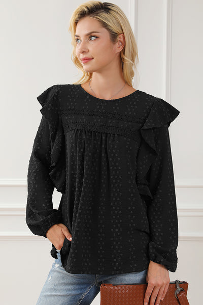 Black Lace Eyelet Ruffle Shoulder Long Sleeve Blouse-Tops-MomFashion