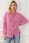 Pink Mineral Wash Crinkle Textured Chest Pockets Shirt-Tops-MomFashion