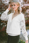 White Lace Splicing V Neck Puff Sleeve Top-Tops-MomFashion