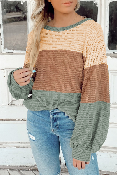 Green Stripe Textured Color Block Bubble Sleeve Baggy Top-Tops-MomFashion