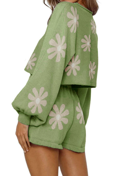 Green Flower Print Bubble Sleeve Knitted Sweater and Shorts Set-Loungewear-MomFashion