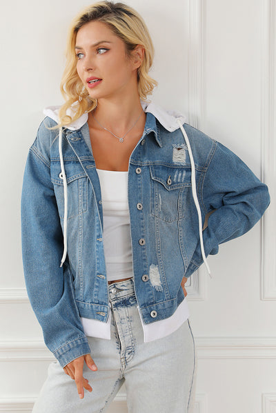 Sky Blue Distressed Contrast Hooded Denim Jacket with Pockets-Outerwear-MomFashion