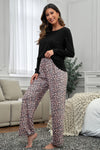 Long Sleeve Top and Leopard Print Pants Lounge Set-Loungewear-MomFashion