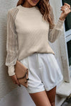 Apricot Striped Mesh Long Sleeve Crewneck Ribbed Top-Tops-MomFashion