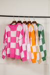 Pink Checkered Bishop Sleeve Sweater-Tops-MomFashion