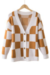 Brown Contrast Checkered Print Button Up Sweater Cardigan-Tops-MomFashion