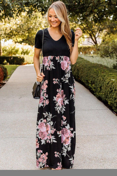 Black Contrast Floral Empire Waist Maxi Dress-Dresses-MomFashion