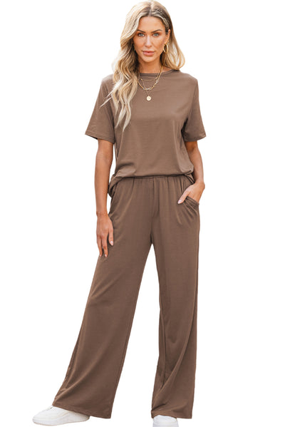 Smoke Gray Solid Color T Shirt 2pcs Wide Leg Pants Set-Two Piece Sets/Pant Sets-MomFashion