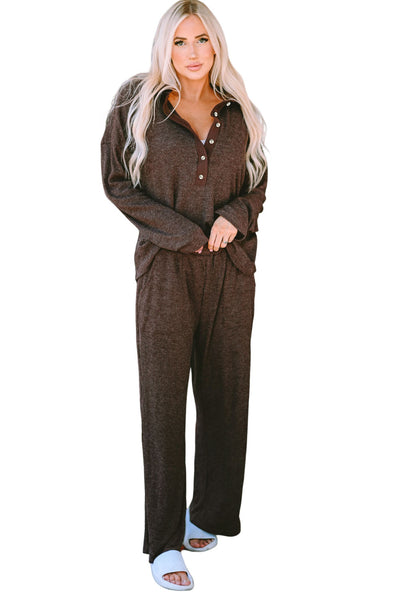 Brown Ribbed Knit Collared Henley Top and Pants Lounge Outfit-Loungewear-MomFashion