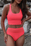 Pink Scalloped Criss Cross High Waist Bikini-Swimwear-MomFashion