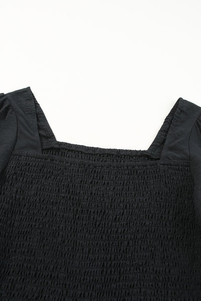 Black Square Neck Smocked Peplum Top and Pants Set-Loungewear-MomFashion