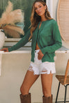 Green Lace Trim Ribbed Round Neck Button Up Cardigan-Tops-MomFashion