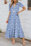 Sky Blue V Neck Casual Geometric Print Maxi Dress-Dresses-MomFashion