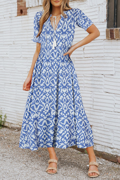 Sky Blue V Neck Casual Geometric Print Maxi Dress-Dresses-MomFashion