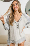 Gray Leopard Patchwork Exposed Seam Buttoned Neck Sweatshirt-Tops-MomFashion